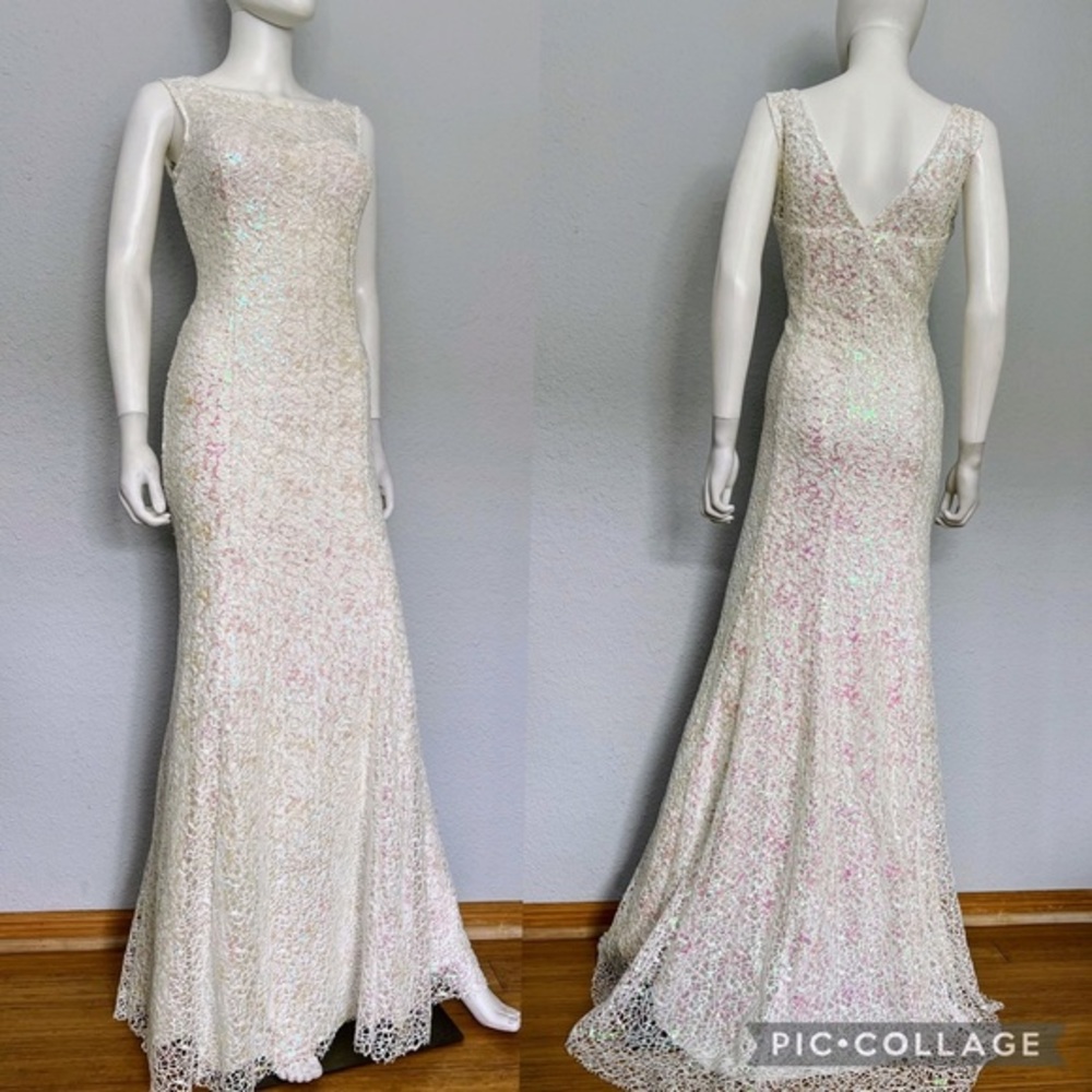 SALE🔥WOMEN SEQUINS LONG WHITE DRESS V-BACK LINED TRUMPET BATEAU NECK PROM LINED